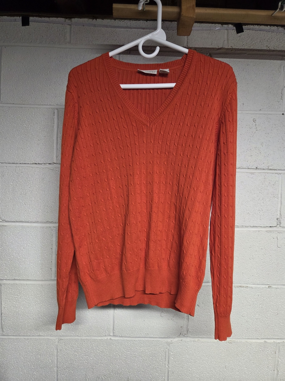 Kim Rogers Orange V-Neck Cable Knit Sweater